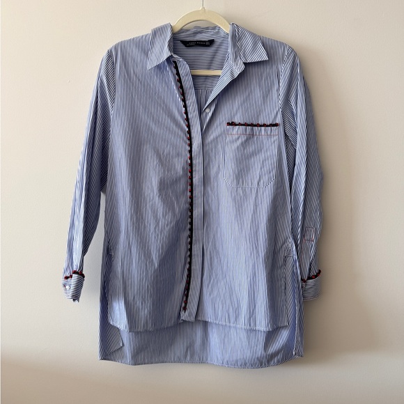 Zara Tops - Zara Blue and White Striped Shirt with Red Detail